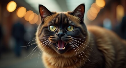 Fototapeta premium London, UK - May 2019 - An Exotic Shorthair Cat Facing the Camera With Its Mouth Open at the Cat Show in Tobacco Dock