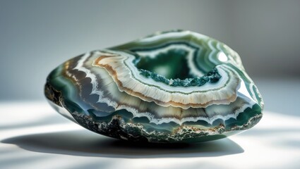 Detailed view of a Moss Agate mineral stone on a light background.