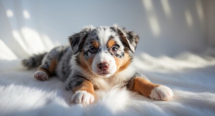 Australian shepherd puppy resting on a white background