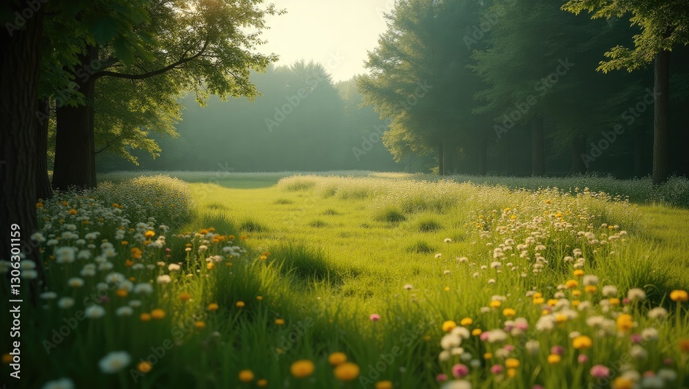Poster scenic view of a public park featuring a grassy area and lush surrounding greenery.