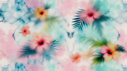 Endless Tie Dye Marble Background Featuring Subdued Tropical Blossoms and Foliage in an Artistic Sketch Style