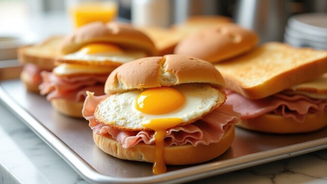 Fried sandwiches featuring egg, ham, and toasted cheese in a skillet.