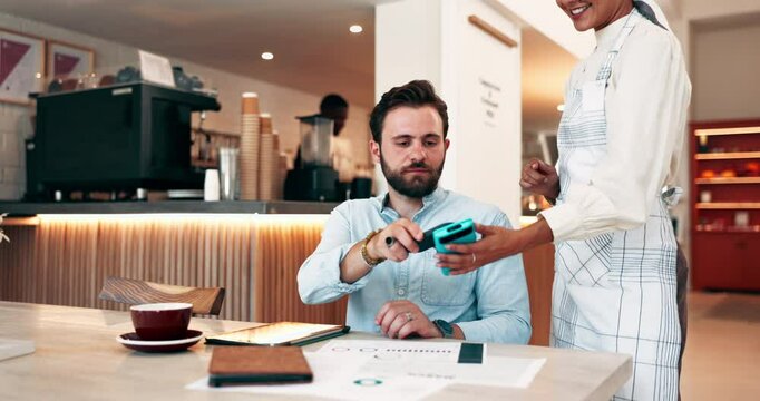 Man, waiter and customer with phone on pos machine at cafe for payment or wireless transaction. Male person, purchase and mobile smartphone with tap for fintech, drink or checkout at coffee shop