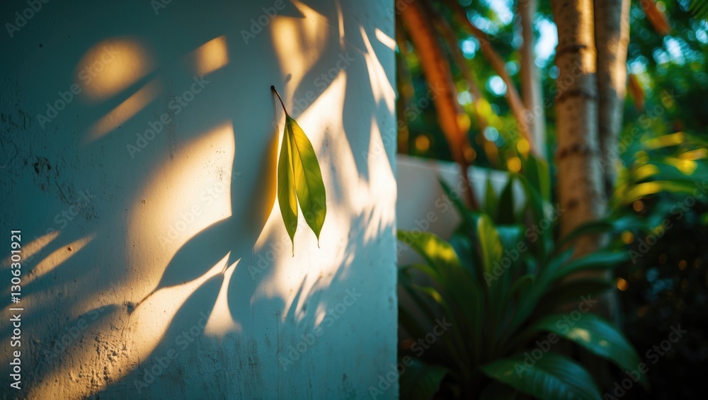 Poster leaf shadow on wall: tropical foliage and sunlight filter through, creating a stunning backdrop idea