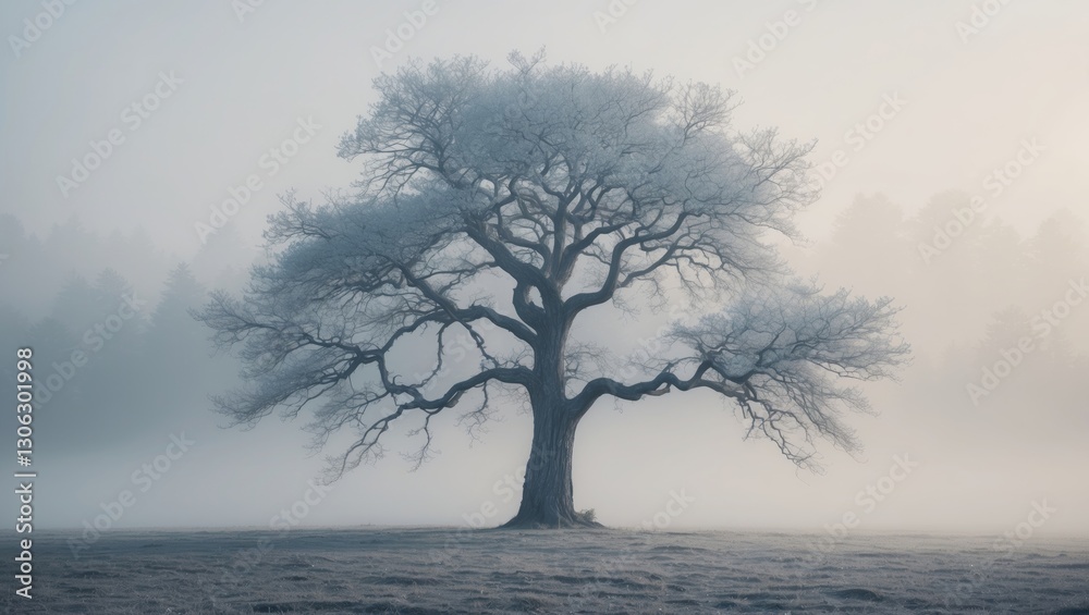 Poster Lone tree with an alpha channel and a shadowed background on a misty setting.