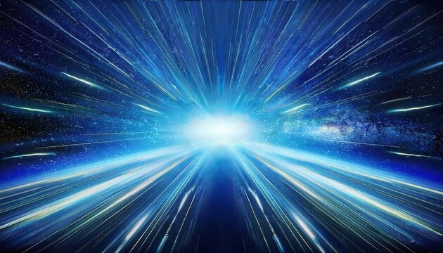 futuristic hyperspace jump with glowing blue light streaks, abstract cosmic speed motion, sci-fi space travel background

