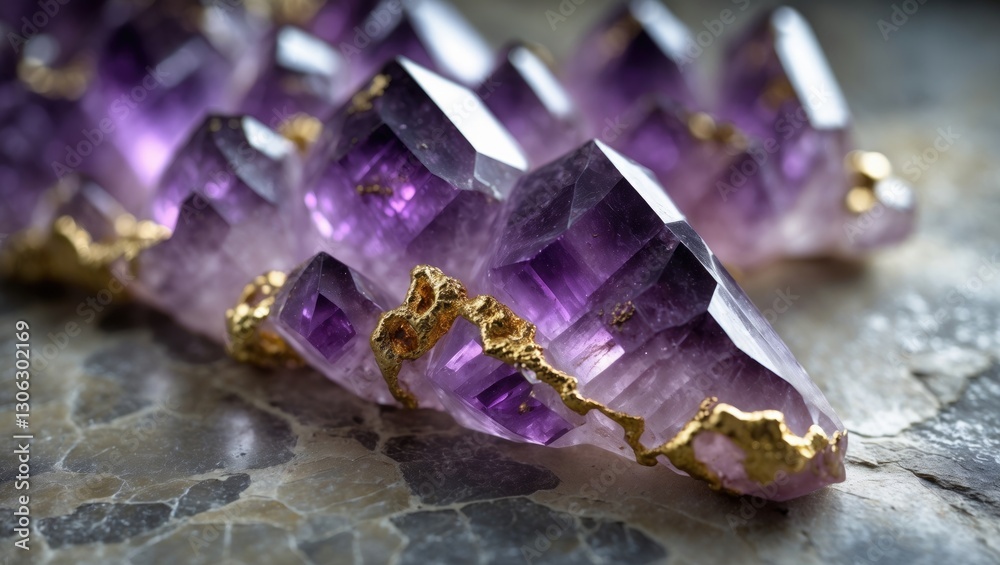 Poster gold inclusions within amethyst quartz crystals. close-up of a raw, unrefined amethyst quartz crysta