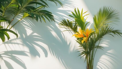 Silhouetted palm leaves and tropical plants cast shadows on a light backdrop