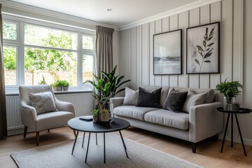Cozy living room with beige sofa, armchair, and wooden floors.  Large window overlooking garden.  Neutral color palette with framed art and plants.