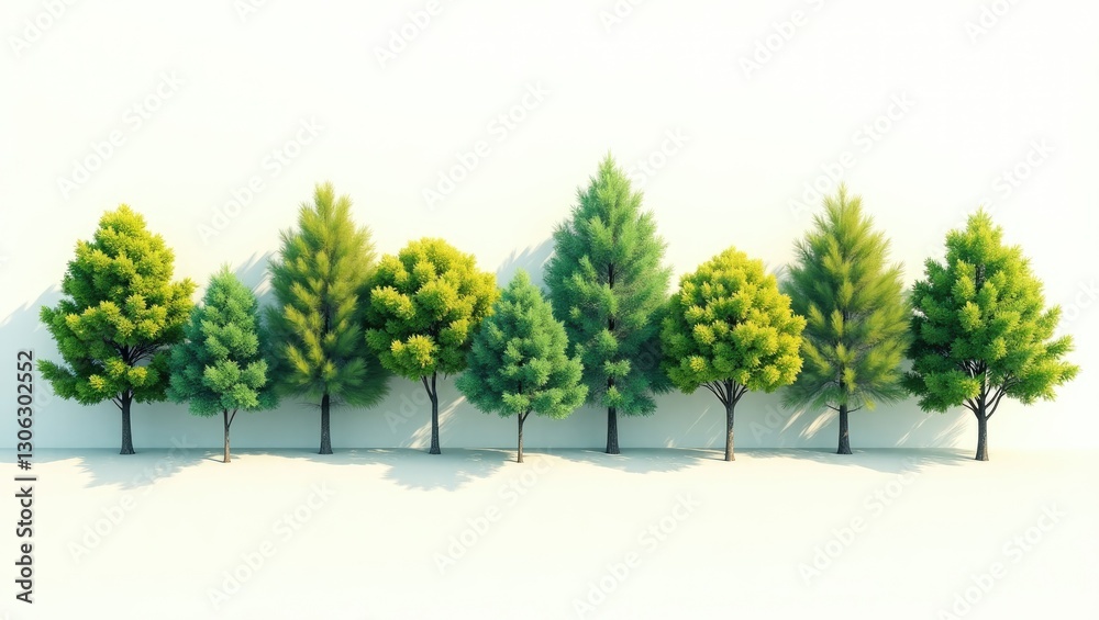Poster Eliminate the row of trees. A vibrant summer forest with abundant greenery. A distinct arrangement of trees and shrubs set against a plain white backdrop. The forest landscape as a top clipping mask.
