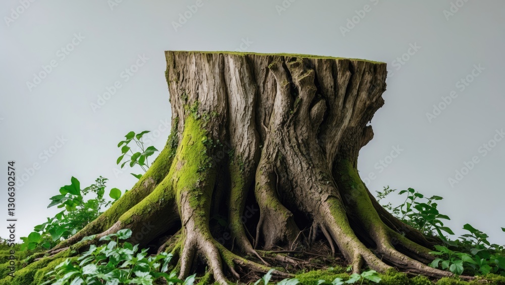 Poster eliminate the tree stump. moss-covered roots. an aged stump surrounded by vibrant foliage. detached 