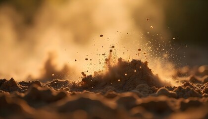 Extreme close-up shot of dirt and dust particles suspended in mid-air, illuminated by bright sunlight, creating a dynamic and gritty atmosphere, monochromatic color scheme