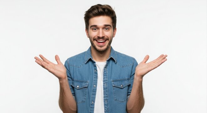 Excited man presenting something new.