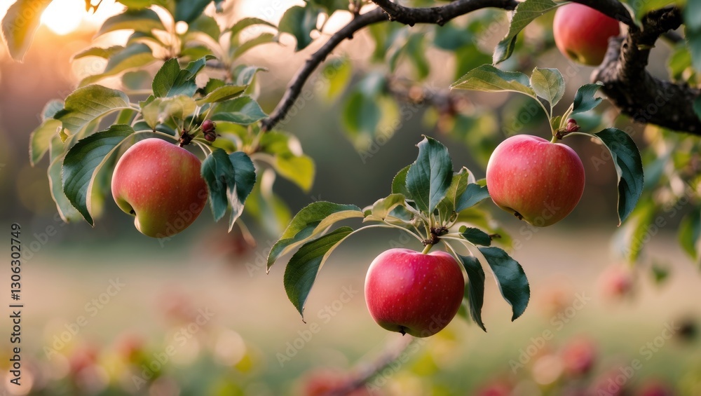 Poster crimson apples hanging from a branch of an apple tree
