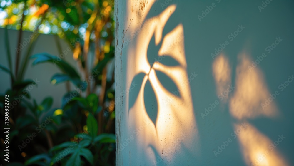 Poster silhouette of foliage cast on a wall with tropical greenery and dispersed sunlight on light-colored 