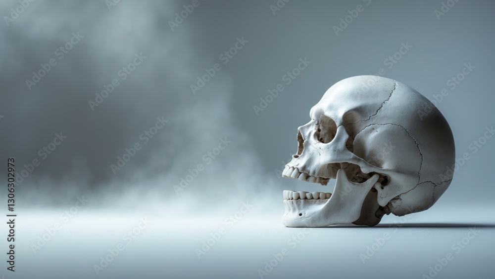 Poster side perspective of a human skull with an open mouth against a plain white background
