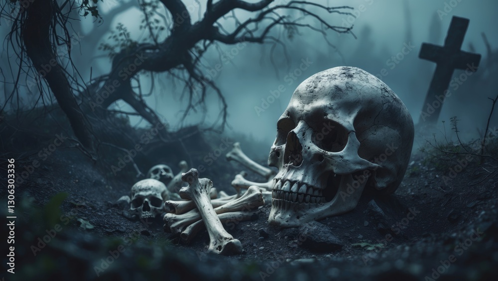 Poster Skull and bones uncovered from a pit in a spooky graveyard illuminated by soft light. A still life and artistic depiction.