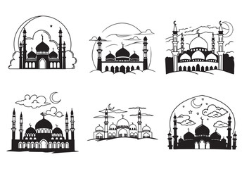 Fototapeta premium Graceful Mosque Silhouettes Pack,Minimalist Mosque Silhouettes: 6 Variations in Vector Format.