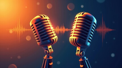 A stock illustration representing Media transparency in orange and navy blue colors, with smooth transitions and metaphors of microphones and sound waves for engaging visual understanding.