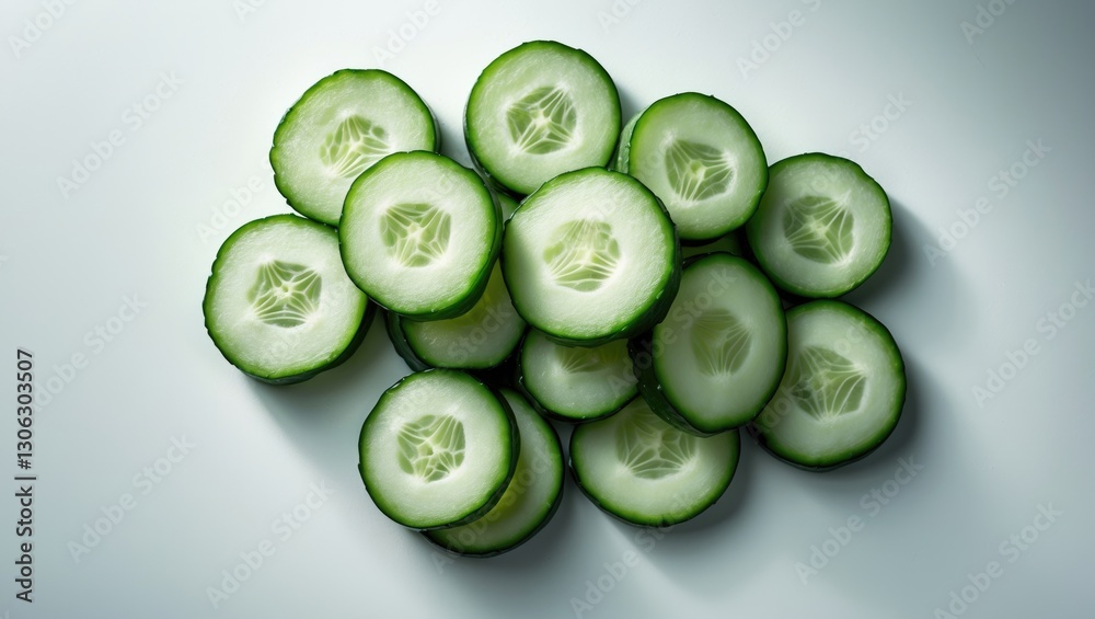 Poster fresh cucumber slices arranged on a white surface, viewed from above.
