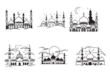 Fototapeta premium Graceful Mosque Silhouettes Pack,Minimalist Mosque Silhouettes: 6 Variations in Vector Format.