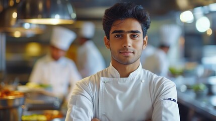 Fototapeta premium A young Asian man in a chef's uniform poses confidently in a professional kitchen, showcasing his passion for culinary arts and commitment to excellence in a vibrant restaurant environment.