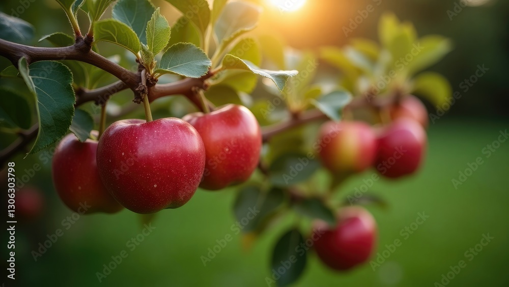 Poster luscious red apples hanging from a tree in the garden. gathering apples.