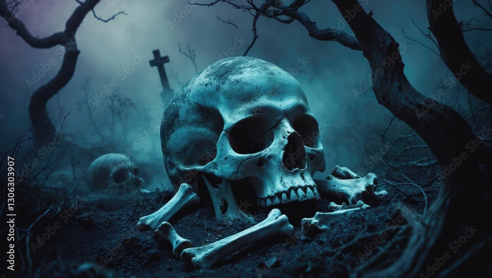 Poster Skull and bones uncovered from a pit in a haunted graveyard illuminated by faint light   Still life and artistic representation