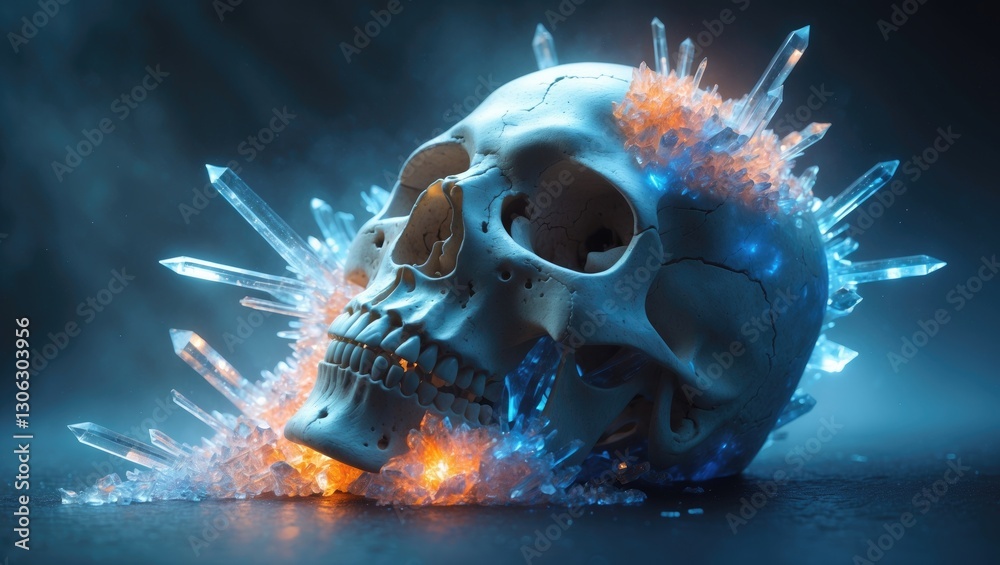 Poster skull fracturing and transforming into luminous blue and orange crystals - image