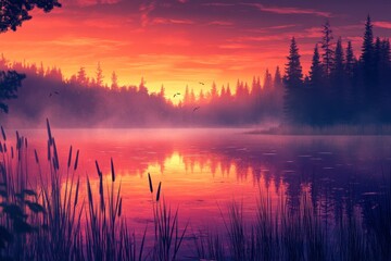 Obraz premium Beautiful sunrise over the lake with reeds and trees in winter, misty morning landscape, wetland scenery.