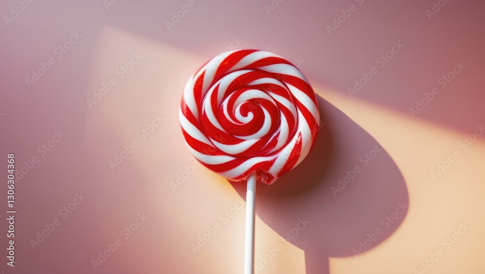 Poster red and white spiral lollipop on a white stick set against a pink backdrop. aerial view with space f