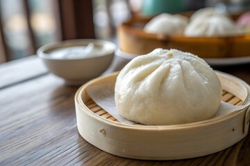 Fototapeta premium Minimalistic photo of a freshly steamed bao bun on a wooden table, extreme close-up highlighting its soft, fluffy texture, softly blurred background.