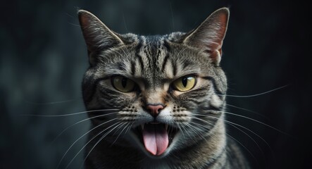 Image title: Depiction of an annoyed tabby cat. A short-haired tabby feline with bright yellow eyes gazes at the camera while sticking out its tongue.