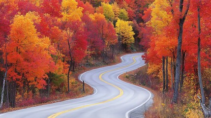 Obraz premium Winding Road Leads Through Trees Of Colorful Autumn Foliage