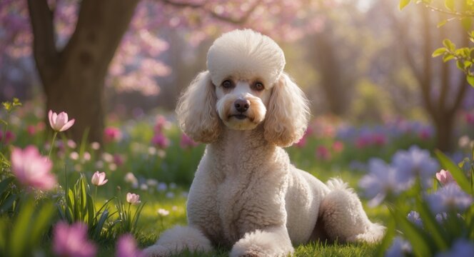 Image of an Elegant royal poodle resting in a vibrant spring garden filled with blossoms.