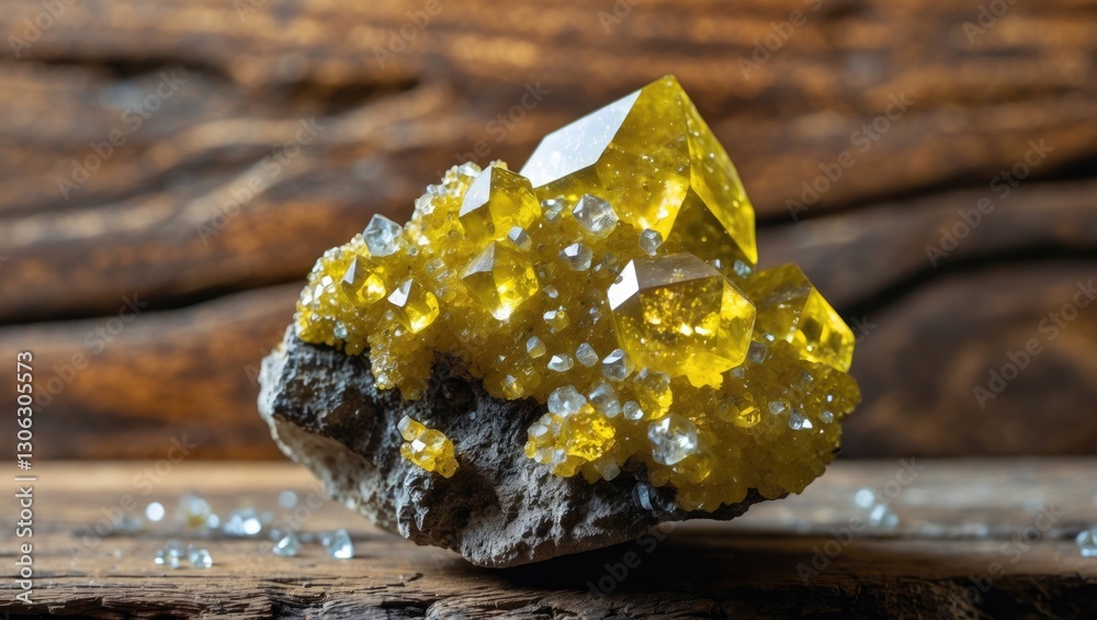 Poster Close-up of sparkling yellow chalcopyrite crystals with small quartz formations on a rustic wooden surface, illuminated in daylight, showcasing the intricate details of the mineral in a macro view.