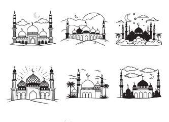 Fototapeta premium Graceful Mosque Silhouettes Pack,Minimalist Mosque Silhouettes: 6 Variations in Vector Format.