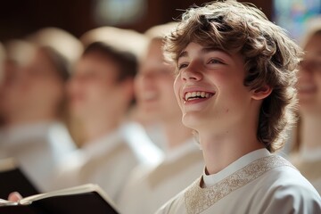 Boy Soprano Joyful Performance in Choir of Young Singers Expressing Happiness and Musical Passion