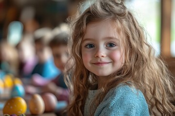 Fototapeta premium Captivating Portrait of a Young Girl with Curly Hair and a Gentle Smile Amidst Festive Easter Eggs