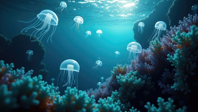 Lifelike jellyfish and plant life thrive in the ocean depths.