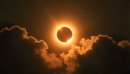 A photograph of a solar eclipse with clouds in the foreground. The sky is a dark, muted color, possibly a deep brown or gray, suggesting twilight or a darkened daytime sky