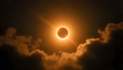 Obraz premium A photograph of a solar eclipse with clouds in the foreground. The sky is a dark, muted color, possibly a deep brown or gray, suggesting twilight or a darkened daytime sky