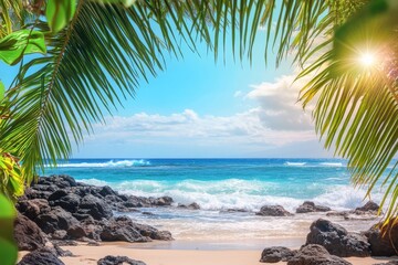 A tropical beach with palm trees and rocks, looking out to the ocean in Hawaii on a sunny day.