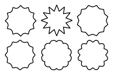 Set of six black outline badge shapes isolated on white background. Starburst stickers. Geometric decorative frames