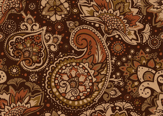 Seamless paisley pattern in Oriental style with floral and ethnic motifs for printed fabric, wallpaper, and packaging