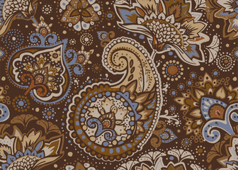 Seamless paisley pattern in Oriental style with floral and ethnic motifs for printed fabric, wallpaper, and packaging