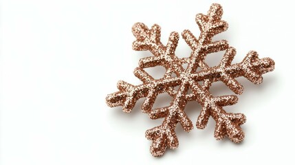 Glimmering Rose Gold Snowflake Ornament on White Background Festive Christmas Decoration Design