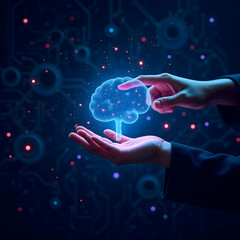 Futuristic Glowing Digital Brain Hologram with Neon Lights and Cybernetic Neural Network in Sci-Fi AI Visualization

