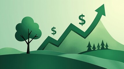 A stock illustration representing climate action in green and silver tones, featuring layered imagery of dollar signs and rising arrows, with textured overlays to enhance spatial depth.