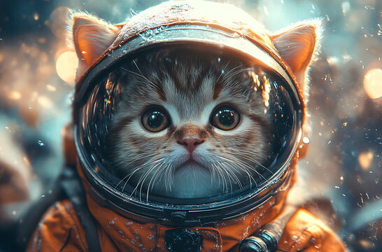 Cute cat in astronaut suit space background